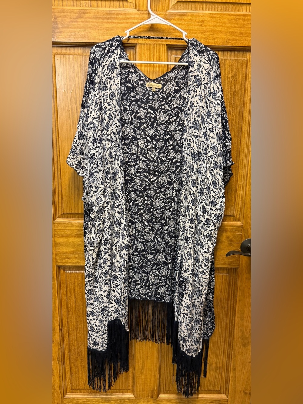 Democracy Navy Ivory Floral Fringe Kimono Boho Women’s XL